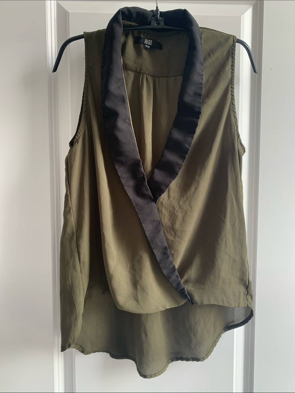 BEBO Olive Green Sleeveless Wrap-Front Blouse with Black Trim